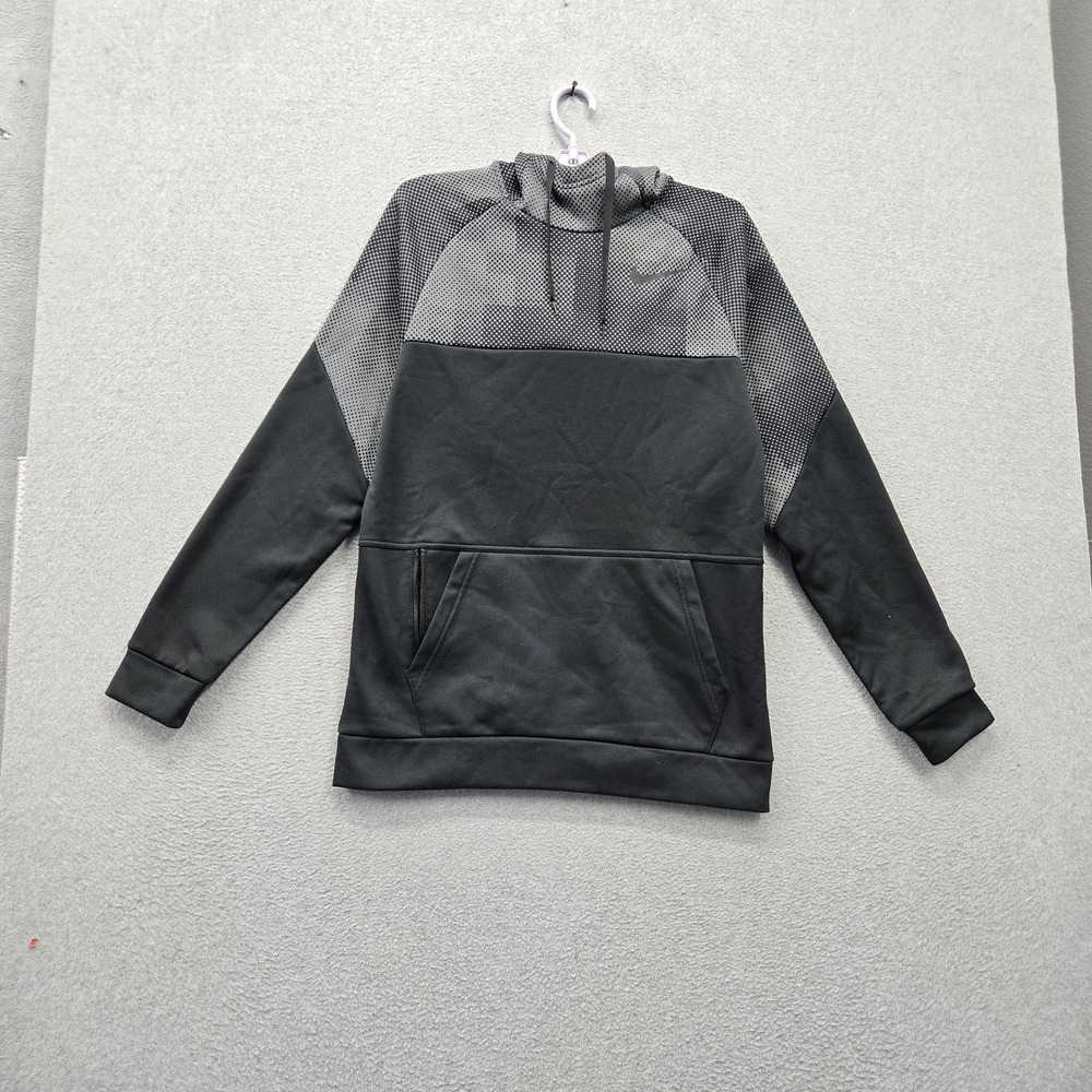 Nike Men Hoodie S Black Geometric Colorblock Fleece Swoosh Therma Logo Dri-Fit